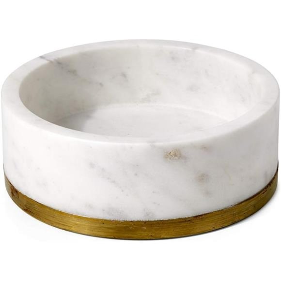 White Marble Bowl with Brass Ring, Decorative Multi-Purpose Bowl-  2" T and 6" D - Picture 1 of 6